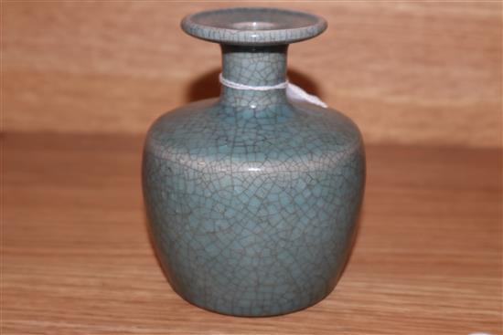 A Chinese green crackleglaze bottle vase and a Chinese green Jun type vessel height 11cm